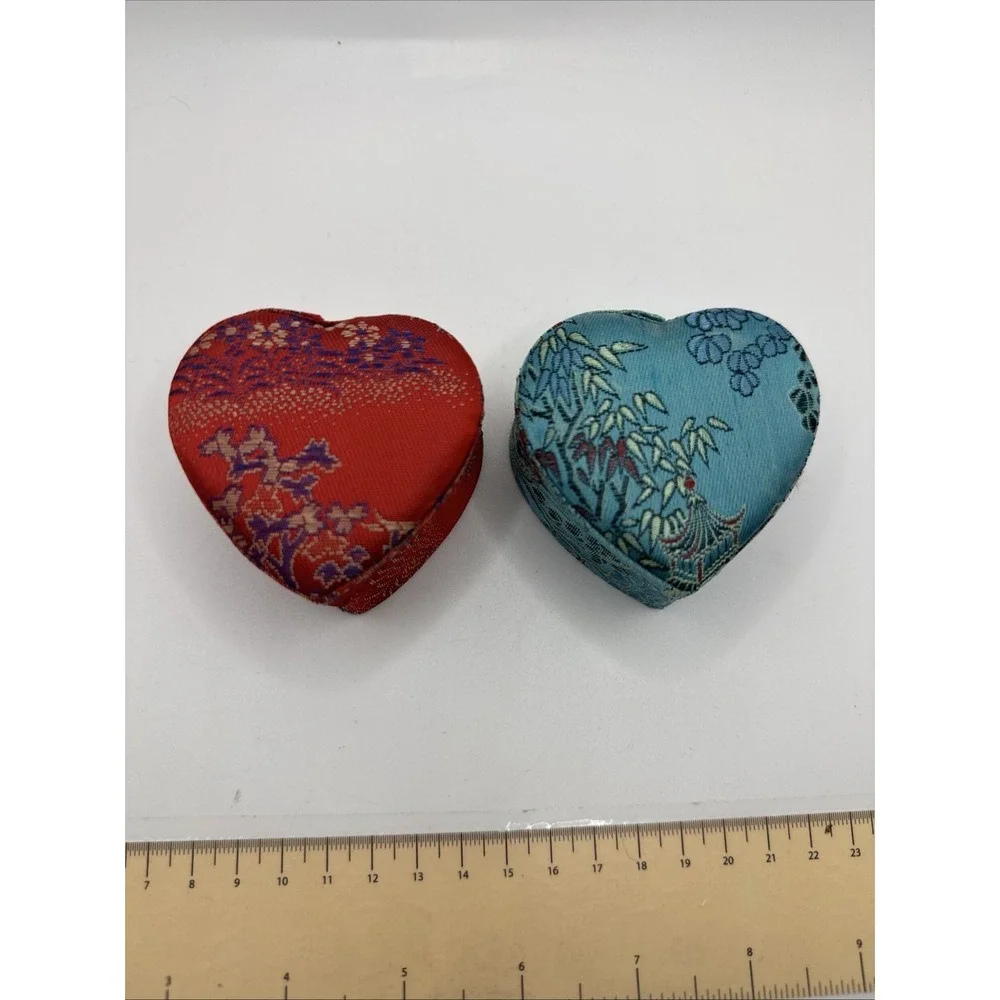 Set Of 2 Asian Ring Jewelry Box Compact Fabric Floral Portable - Heart Shaped